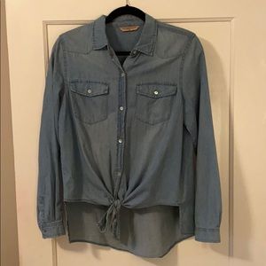 Front Tie Faux Denim Button Down